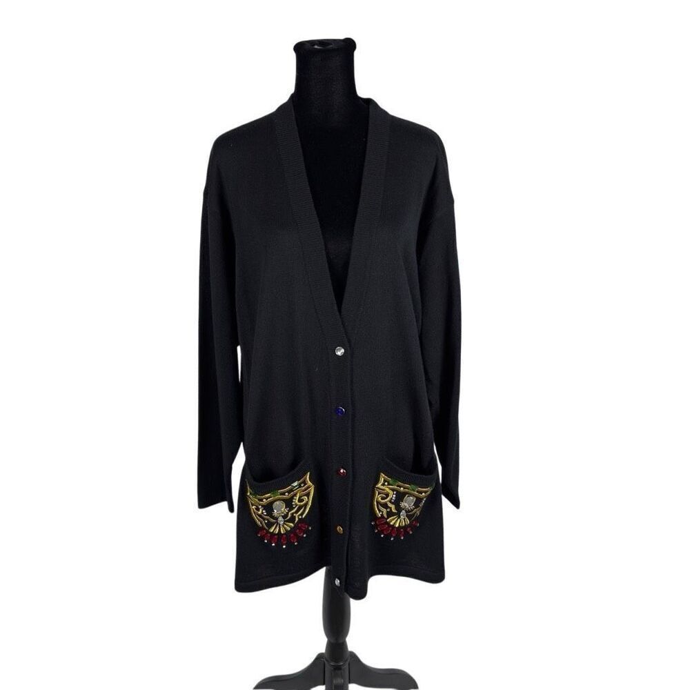 Vintage Wool Sweater Bee Holiday Long Black Cardigan - Women’s‎ L